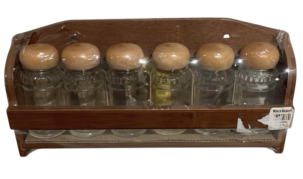 Wooden Hanging Set Of 6 Glass Jar Spice Rack World Market New & Sealed